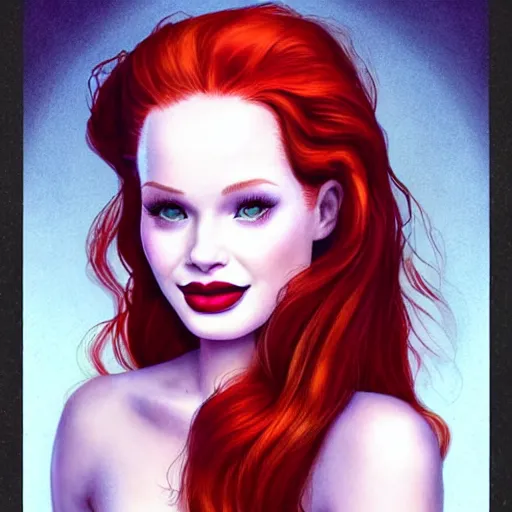 Image similar to beautiful Madelaine Petsch poison ivy DC comics taking a selfie, evil smile, realistic character concept, medium shot, fun pose, comic book, illustration, slender symmetrical face and body, artstation, cinematic lighting, hyperdetailed, high resolution, Charlie Bowater, Tom Bagshaw, single face, insanely detailed and intricate, beautiful