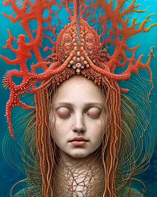 Image similar to realistic detailed underwater face portrait of the beutiful young goddess of the fractal waters with an intricate headdress of corals, sea kelp, sea plants, fish, jellyfish, art by ernst haeckel, zdzisław beksinski, h. r. giger, hieronymus bosch, gothic, neo - gothic, ornamental, beautiful deep colours,