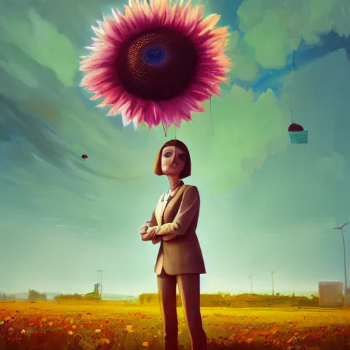 Image similar to giant daisy flower head, frontal, a girl in a suit, surreal photography, sunrise, dramatic light, impressionist painting, digital painting, artstation, simon stalenhag