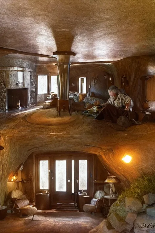 Image similar to art - deco interior of a hobbits house