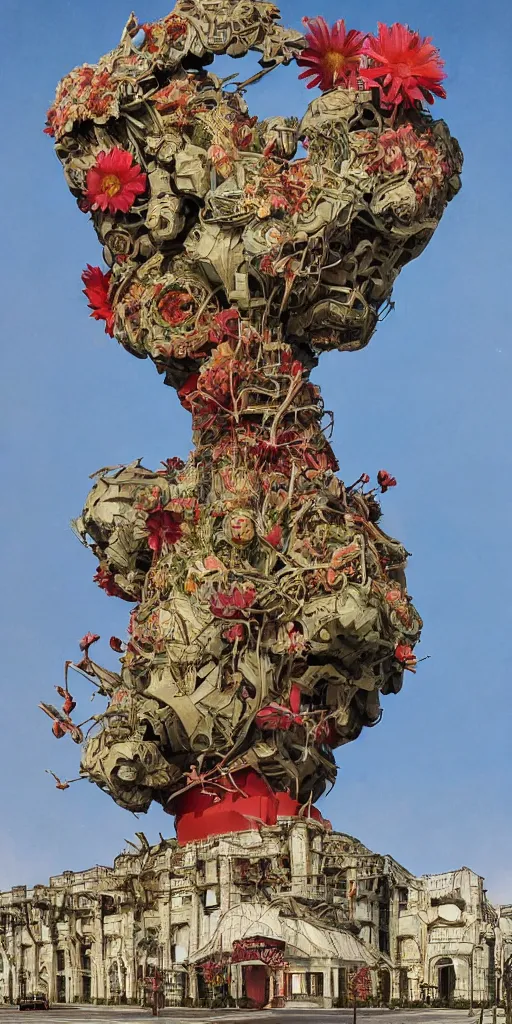 Prompt: colossal grotesque flower made from unfulfilled communist dreams in the middle of abandoned post soviet constructivist cityscape, Stalinist architecture, ultradetailed, Intricate by Hayao Miyazaki and Josan Gonzalez and Makoto Shinkai and Giuseppe Arcimboldo and Wes Anderson