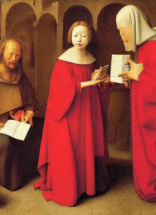 Prompt: angels dressed in red reading the bible and arguing in Tuscany by Jan van Eyck, Hieronymus Bosch, Johannes Vermeer 4k post-processing, highly detailed medieval painting