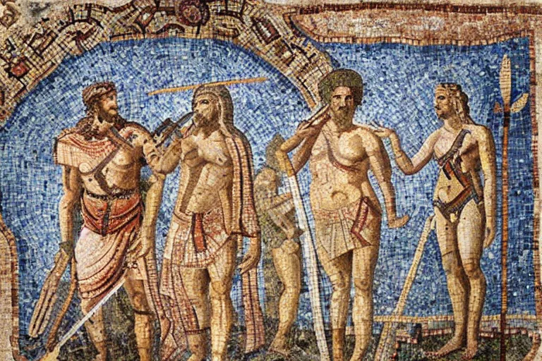 Image similar to ancient roman mosaic of the god mars with a spear