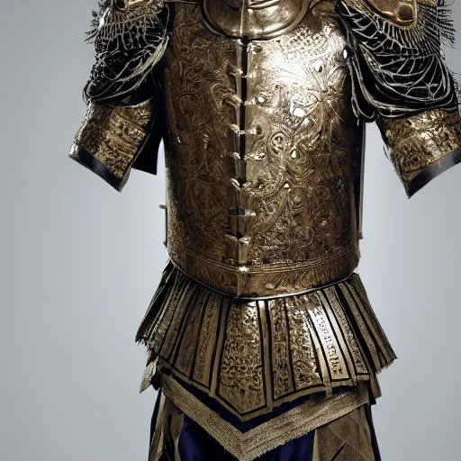 Image similar to a high resolution 35mm realistic photograph of an old man wearing a suit of ornate ceremonial armor. The armor is detailed and regal with a large hemp leaf pattern on the chest plate. Dynamic composition with natural lighting in a battlefield setting