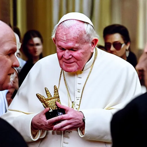 Image similar to john paul ii admiring a yeezy 3 5 0 sneaker in his hands