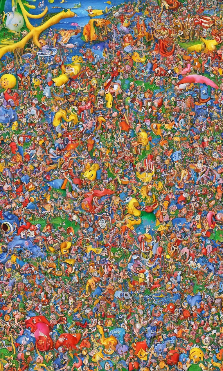 Prompt: an incredibly detailed masterpiece painting of a Where's Waldo puzzle by bosch and lisa frank, ornate, beautiful, bold colors, detailed, high resolution, wow!, intricate