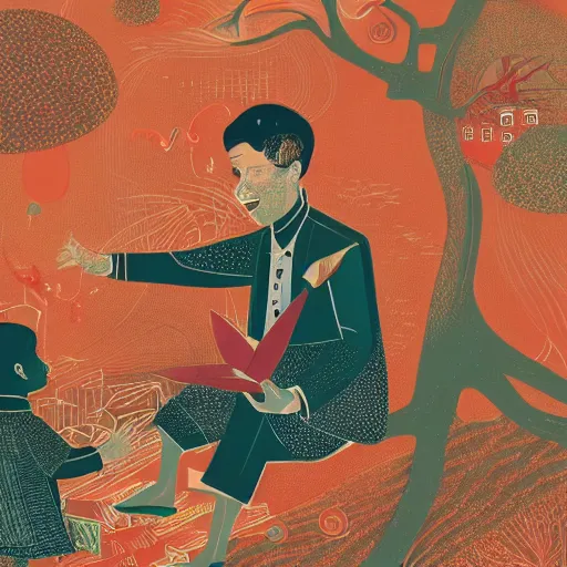 Image similar to a son imitate his father, joyful, illustration by victo ngai, studio muti, malika favre