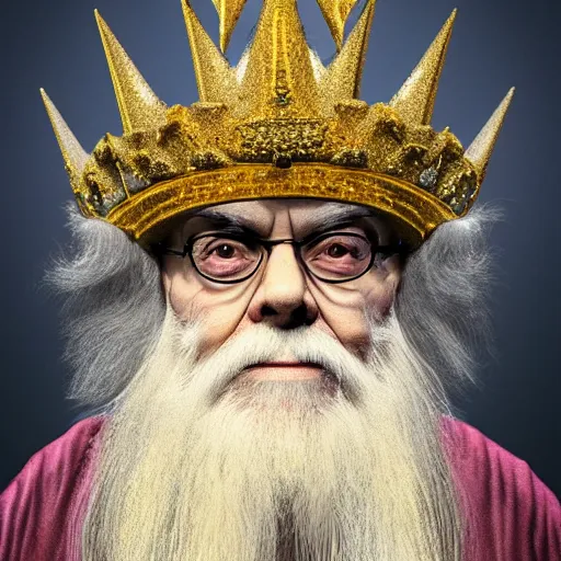 Prompt: James Randi with a diamond jeweled crown with a golden crown, photo-realistic, highly detailed, 8k, in the art style of Filip Hodas, 8k
