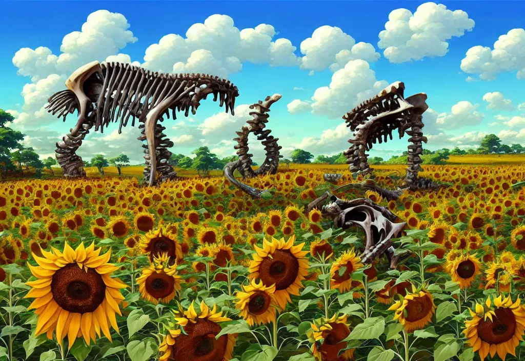 Prompt: giant animal bones in the countryside with sunflowers in the background, intricate oil painting, high detail illustration, sharp high detail, manga and anime 1 9 9 9, official fanart behance hd artstation by jesper ejsing and makoto shinkai, 4 k,