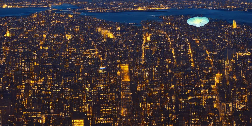 Image similar to flying blue jellyfish over nyc at night, wide city shot, beautiful lighting, soft and detailed,