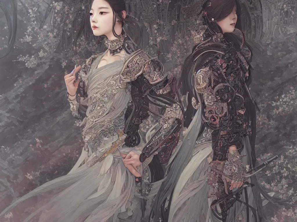 Image similar to portrait jisoo blackpink, grey hair armored samurai clothes, inside fire japanese temple, ssci - fi and fantasy, intricate and very very beautiful and elegant, highly detailed, digital painting, artstation, concept art, smooth and sharp focus, illustration, art by tian zi and wlop and alphonse mucha