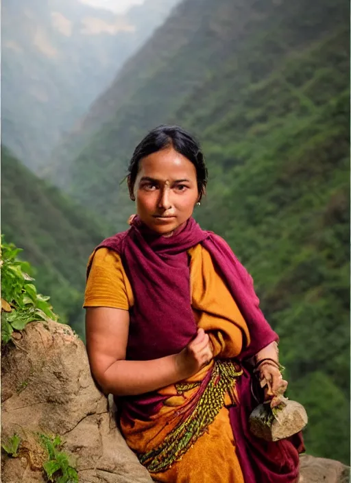 Image similar to vintage_portrait_photo_of_a_beautiful_beautifully_lit_nepalese_Victorian_woman_in_a_lush_valley_with_a_tibetan_monastery_on_a_rock_in_the_background