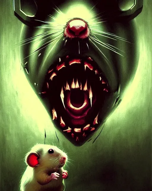 Image similar to wrecking ball the hamster from overwatch, with an evil and crazy look inn her eyes, character portrait, portrait, close up, concept art, intricate details, highly detailed, horror poster, horror, vintage horror art, realistic, terrifying, in the style of michael whelan, beksinski, and gustave dore