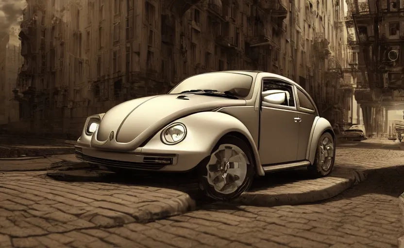 Image similar to a spaceship version of the vw beetle floating in the space, masterpiece, hyperrealistic, futuristic, symmetrical, octane render, unreal engine 5, path traced, highly detailed, high quality, 8 k, cinematic, high coherence, soft lighting, spacecraft, bloom