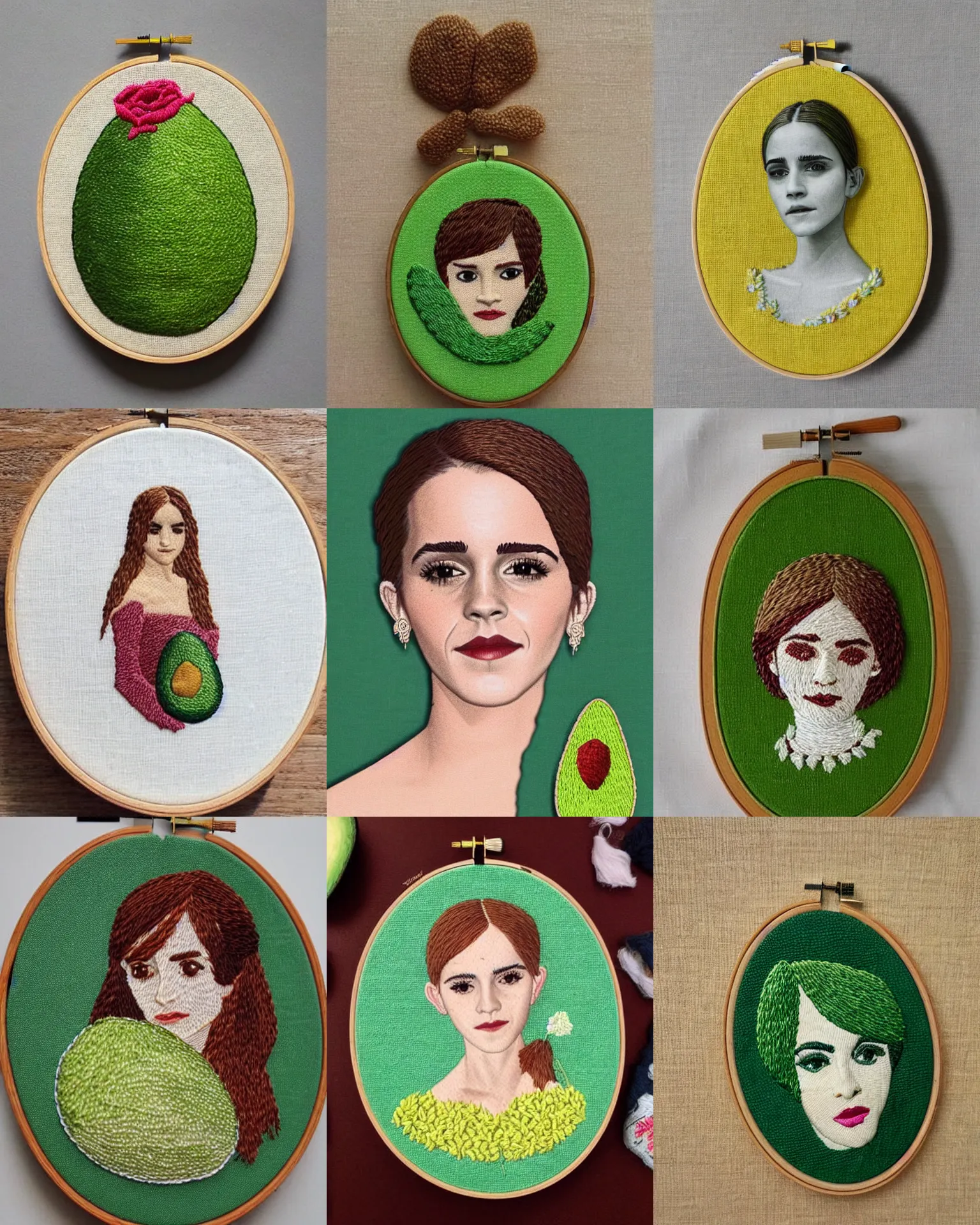 Prompt: a beautiful handmade embroidery of emma watson as an avocado