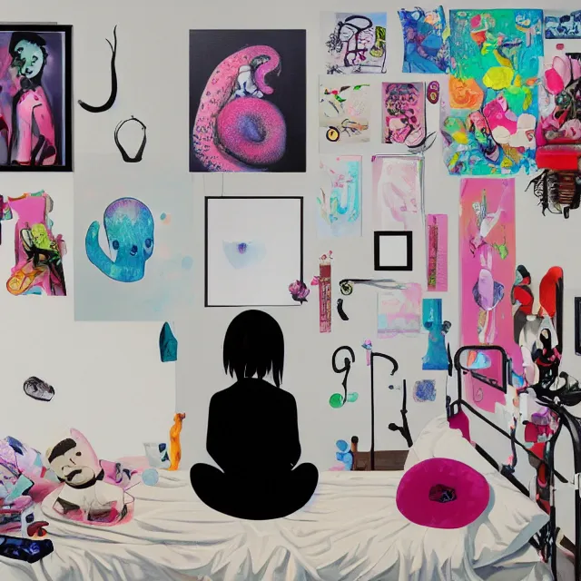 Prompt: a portrait in a female artist's zen bedroom, black walls, emo girl with plushies, sheet music, berries, surgical supplies, pancakes, black flowers, sensual, octopus, neo - expressionism, surrealism, acrylic and spray paint and oilstick on canvas