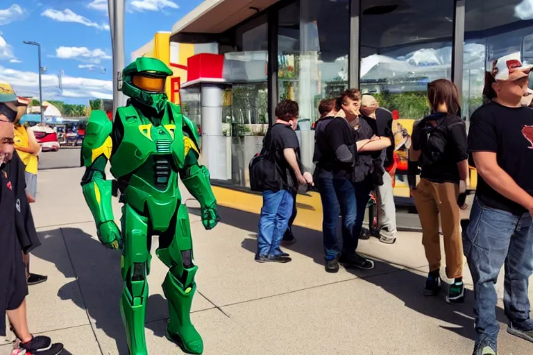 Image similar to master chief waiting in line at mcdonalds