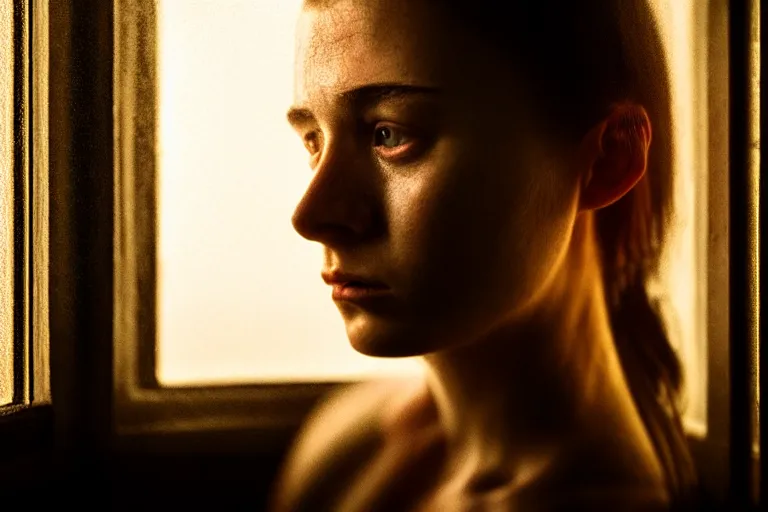 Image similar to an ultra realistic, cinematic, close up portrait, of a young woman, looking in the window, fire, dramatic, soft light, dreamy, facial features, stood in a cell, wearing prison clothing, detailed, deep focus, movie still, dramatic lighting, ray tracing, by michal karcz and yoshitaka