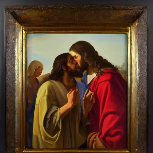 Image similar to 1 8 th oil panting of a jesus kissing a woman