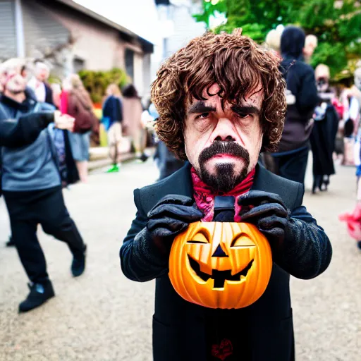 Image similar to peter dinklage trick or treating on halloween, ( sony a 7 r iv, symmetric balance, polarizing filter, photolab, lightroom, 4 k, dolby vision, photography awardm, voque, perfect face )