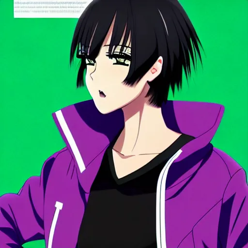 Prompt: anime poster film still portrait, young black woman, black black black woman, purple colored eyes!!!!, white french bob hairstyle, green colored bomber jacket, detailed facial features, dynamic pose,, rimlight, cel shaded, 4 k