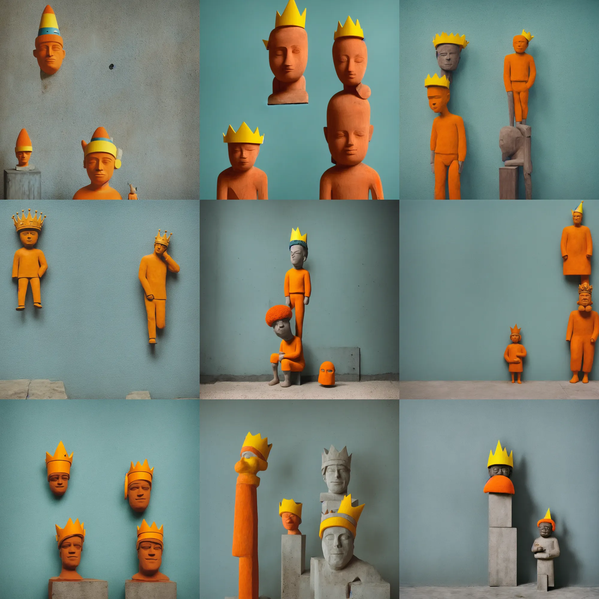 Image similar to kodak portra 4 0 0, 8 k, shot of a highly detailed, britt marling style, colour still - life portrait of a large minimalistic room, rough concrete walls, the rough carved wooden statue of a teal and orange striped little man with a yellow crown on his head, muted colours