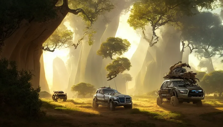 Image similar to an suv designed by ford driving through madagascar road with baobabs trees, animals running along, artgerm and greg rutkowski and alphonse mucha, an epic fantasy, volumetric light, detailed, establishing shot, an epic fantasy, trending on art station, octane render, midsommar