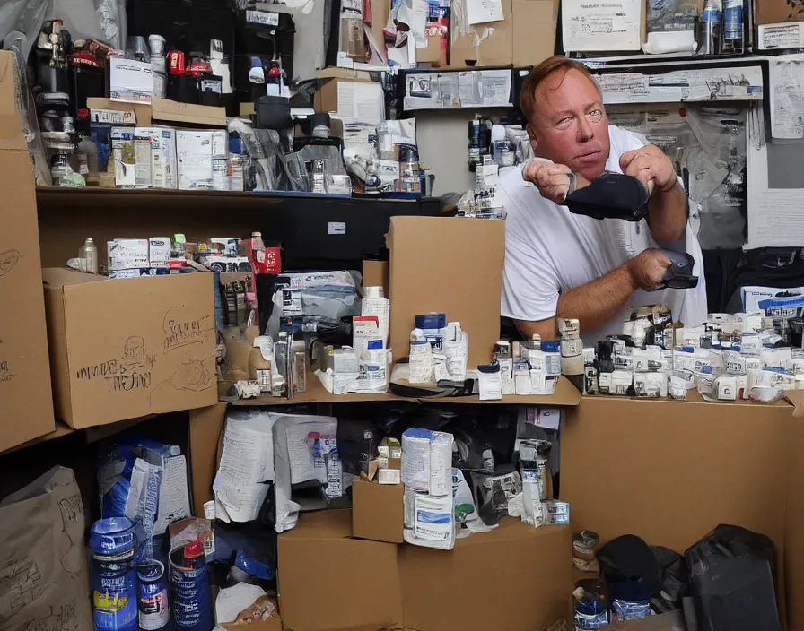 Prompt: Alex Jones inventing new conspiracy theories in his garage office, surrounded by boxes of herbal supplements and trash, sweaty skin, detailed photograph high quality