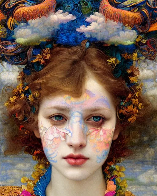 Image similar to a beautiful girl in the clouds wearing colourful face paint surrounded by colourful intricate patterns, by edgar maxence and caravaggio and michael whelan, intricate painting, hyper realistic, extremely detailed and beautiful aesthetic face, 8 k resolution