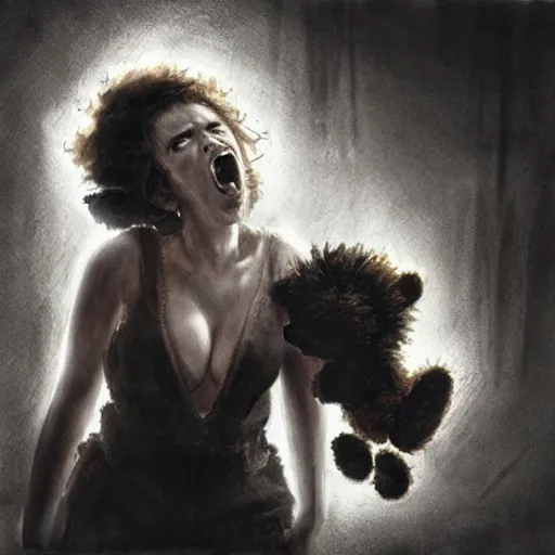 Prompt: scarlett johansson in a enraged drunken state, yelling at a teddy bear, afro samurai style, pencil and ink, greg rutkowski dynamic wide angle lens, dramatic lighting,