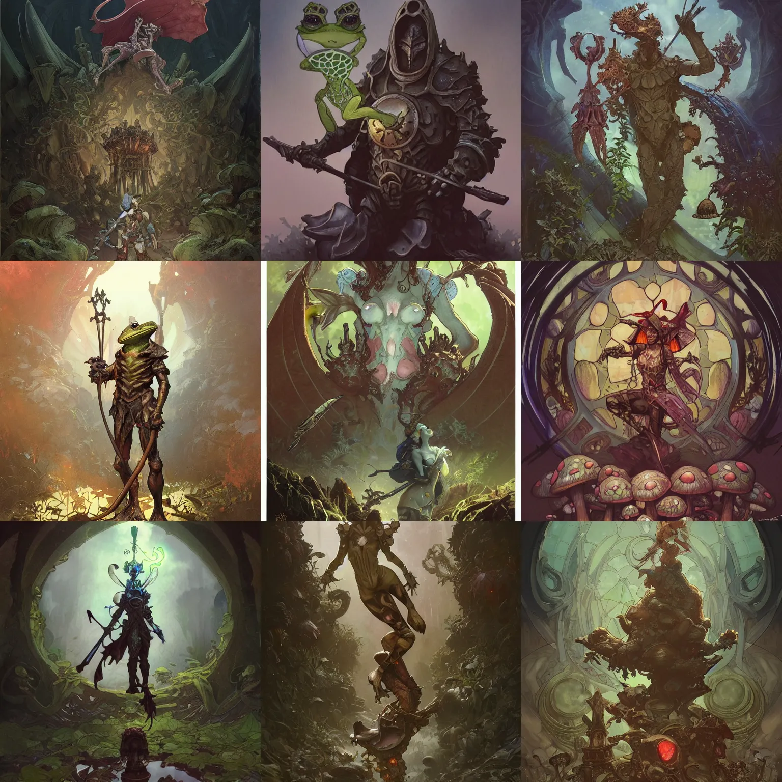 Prompt: frog knight posing with a mushroom tomb, art by Artgerm and Greg Rutkowski and Alphonse Mucha and Craig Mullins and James Jean and Andrei Riabovitchev and Marc Simonetti and peter mohrbacher, sharp focus, ominous, cosmic horror, trending on artstation, Ultra detailed, hyper realistic