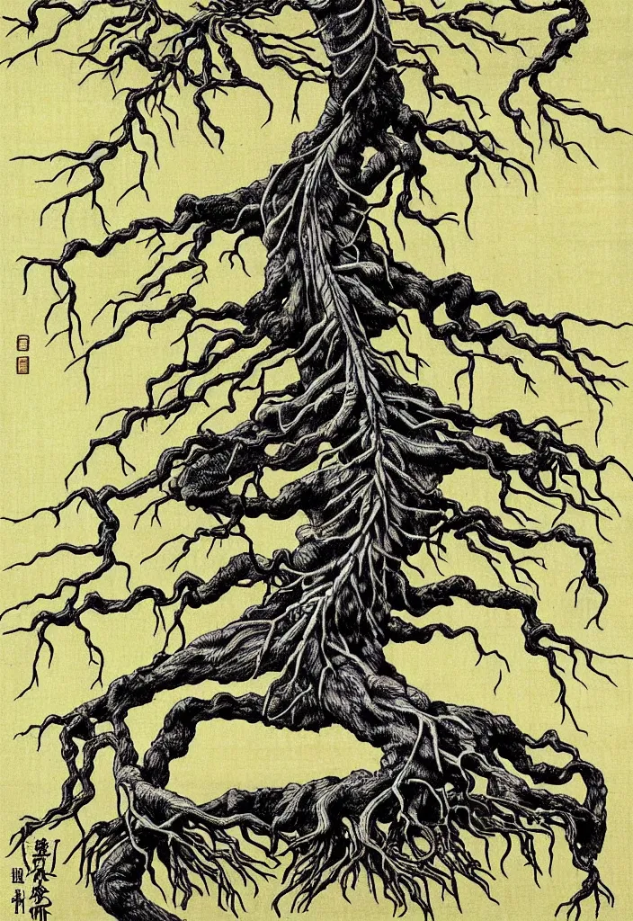 Image similar to prompt: anatomy dissection drawing skeleton Bonsai tree drawn by Takato Yamamoto, bonsai skeleton anatomy atlas, veins and organs attached to tree roots, alchemical objects inspired by 1980's sci-ci, old experimentation cabinet, intricate oil painting detail, manga 1980