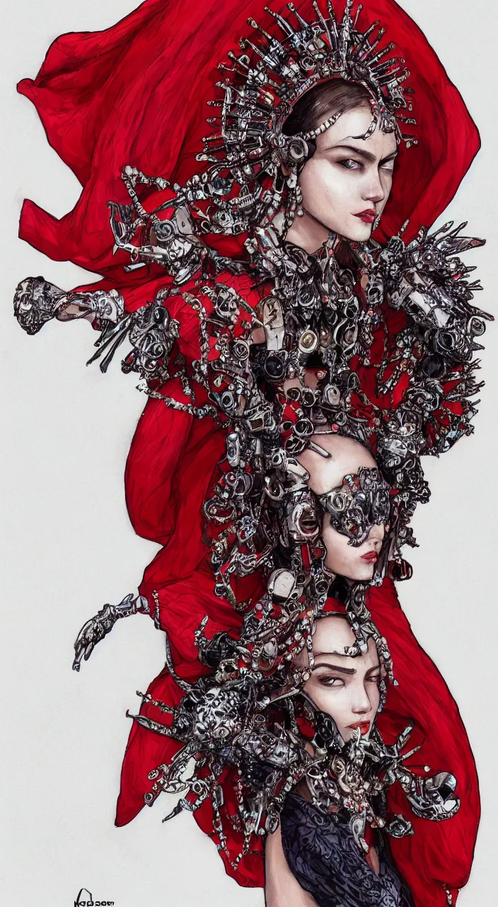 Prompt: a female character design wearing high fashion, beads hanging over her face like an alexander mcqueen headdress, haute couture, dior, and a red cape by moebius, hd, 8 k, artstation, high quality, ultra detailed