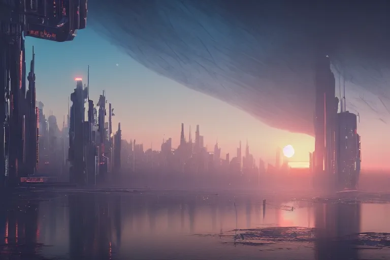 Image similar to cyberpunk future city landscape in style of aivazovsky, sunset, ultra details, cinematic, 8k, sharp focus, award winning photo, crisp edges, octane render, hyper realistic, maximum details, 16k,