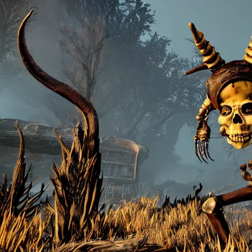 Image similar to Dangerous skeleton creature with horns in fallout 76, photograph, high quality, detailed, sharp