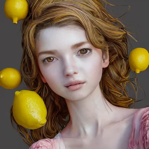 Image similar to the portrait of an absurdly beautiful, graceful, elegant, sophisticated, young teen girl made up of lemons looking up, an ultrafine hyperdetailed illustration by kim jung gi, irakli nadar, intricate linework, bright colors, octopath traveler, final fantasy, unreal engine 5 highly rendered, global illumination, radiant light, detailed and intricate environment