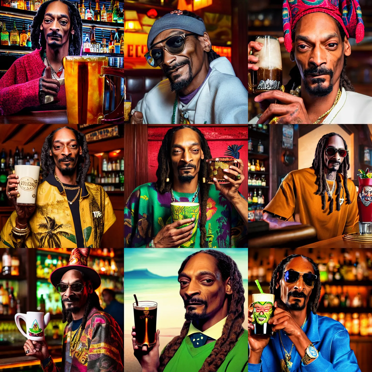 Prompt: a closeup photorealistic photograph of snoop dogg at trader vic's bar holding a tiki mug with his face on the front. brightly lit scene. this 4 k hd image is trending on artstation, featured on behance, well - rendered, extra crisp, features intricate detail, epic composition and the style of unreal engine.