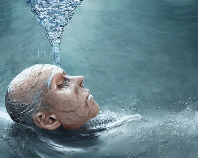 Image similar to water art manipulation of a surreal human head with open eyes burried in the ocean, hyper realistic, ray tracing, realistic water, sharp focus, 8 k resolution, cinematic