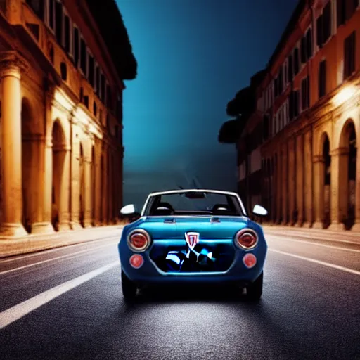 Image similar to a fiat 124 « Jigouli » in the middle of a road on the night Rome, blue color grading, cinematic color grading , unreal 5, hyperrealistic, realistic, photorealistic, dynamic lighting, highly detailed, cinematic landscape, studio landscape, studio lighting