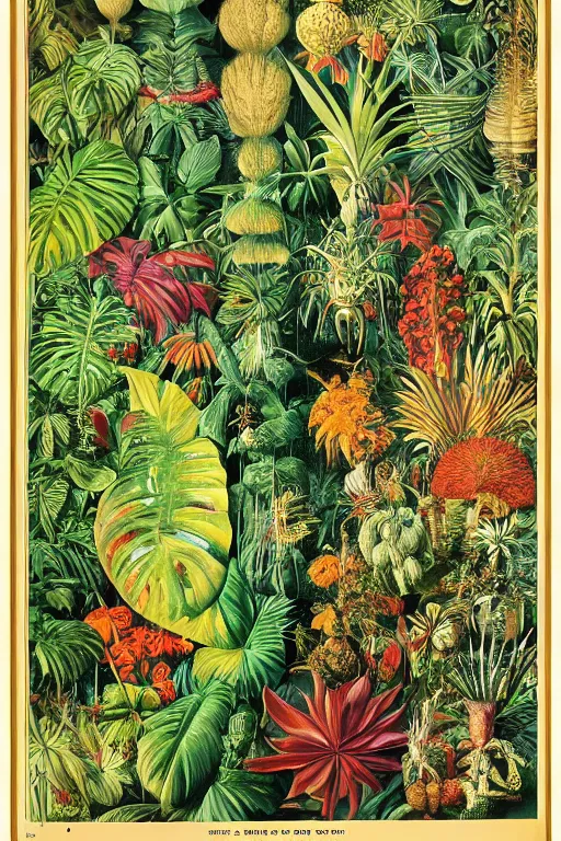 Prompt: vintage magazine advertisement depicting all of the tropical plants in the world, by marius lewandowski, by ernst haeckel