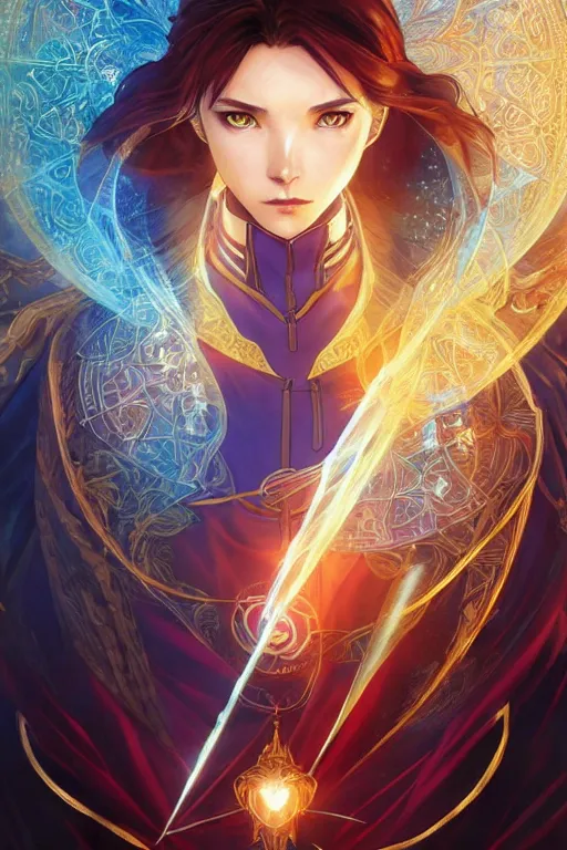 Image similar to anime key visual of a beautiful young female doctor strange, marvel comics, spells, magic, intricate, magical village, stunning, highly detailed, digital painting, artstation, smooth, hard focus, illustration, art by artgerm and greg rutkowski and alphonse mucha