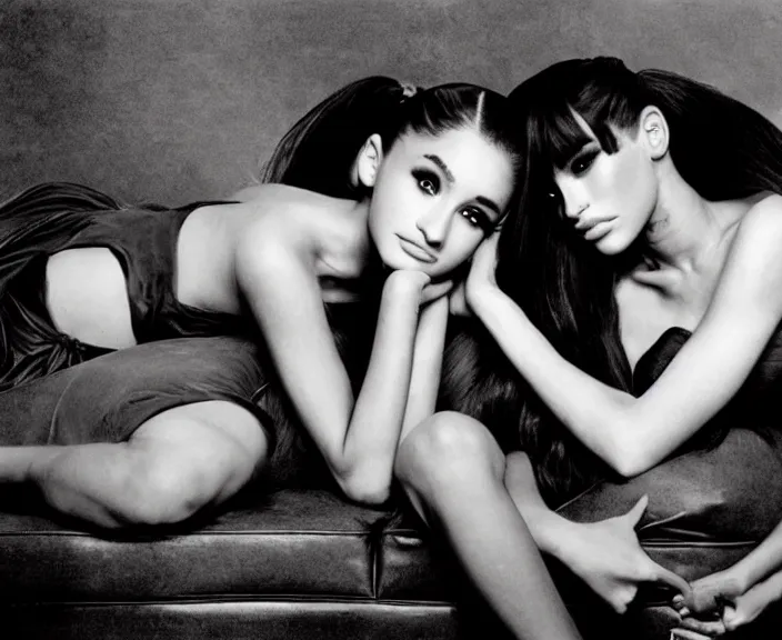 Prompt: award winning photo of Ariana Grande, Megan Fox sitting on a chesterfield lounge mid action, symmetrical, beautiful eyes, wide shot art by Sally Mann & Arnold Newman