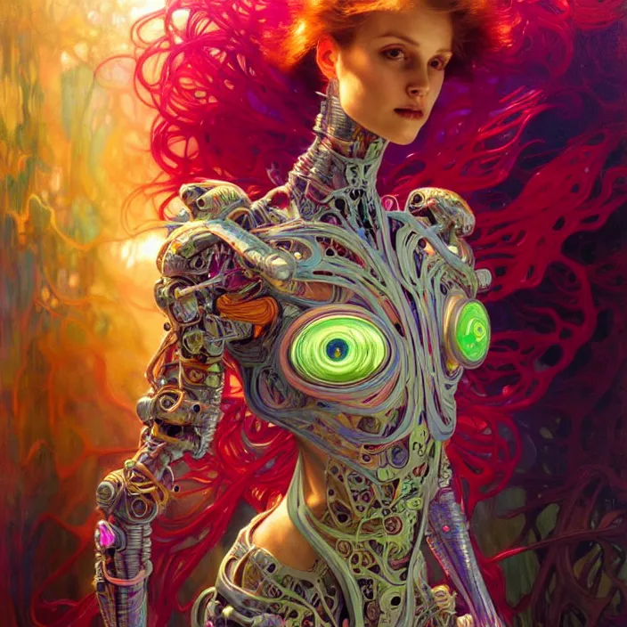 Image similar to bright psychedelic organic cyborg, 4th dimensional creature, diffuse lighting, fantasy, intricate, elegant, highly detailed, lifelike, photorealistic, digital painting, artstation, illustration, concept art, smooth, sharp focus, art by John Collier and Albert Aublet and Krenz Cushart and Artem Demura and Alphonse Mucha