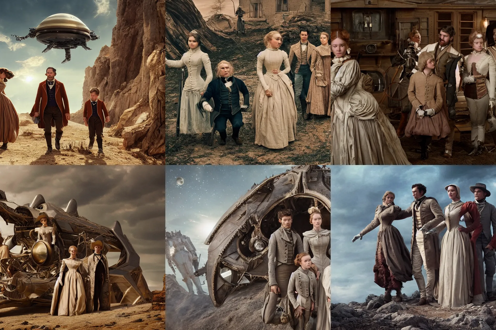 Prompt: detailed, sharp, still from a sci fi blockbuster movie made in 2022, set in 1860, of a family leaving a spaceship, that has just landed on an alien planet, wearing 1850s era clothes, good lighting, 4k, HD, in focus