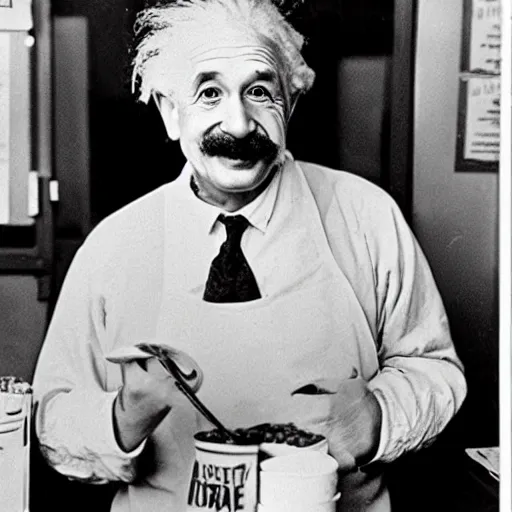 Image similar to vintage photo of albert einstein working at mcdonalds, circa 1 6 0 0, award - winning shot