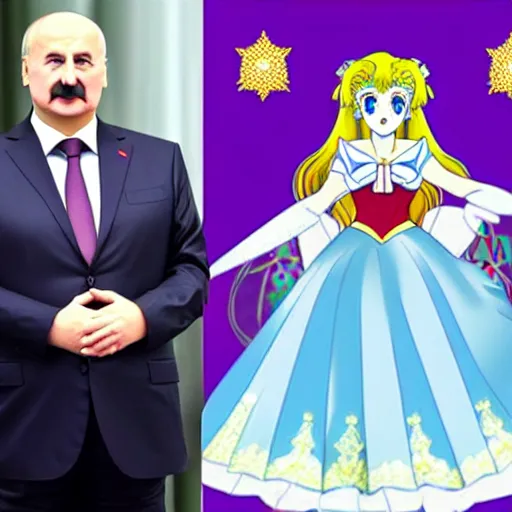 Image similar to president of belorussia, alexander lukashenko in style of sailor moon, princess lukashenko, anime, perfect faces, fine details