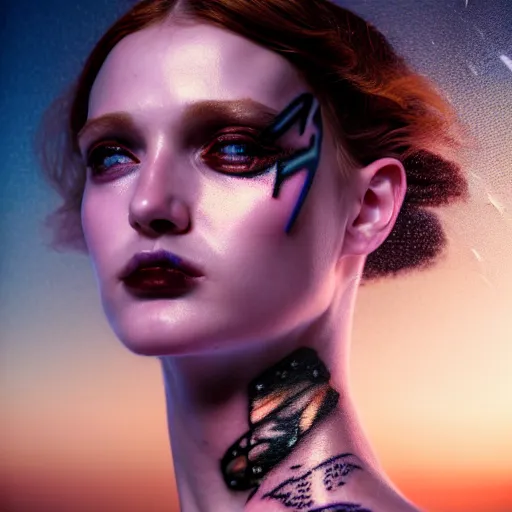 Image similar to photographic portrait of a stunningly beautiful renaissance replicant android with glitch art tattoos female in soft dreamy light at sunset, contemporary fashion shoot, by edward robert hughes, annie leibovitz and steve mccurry, david lazar, jimmy nelsson, breathtaking, 8 k resolution, extremely detailed, beautiful, establishing shot, artistic, hyperrealistic, beautiful face, octane render