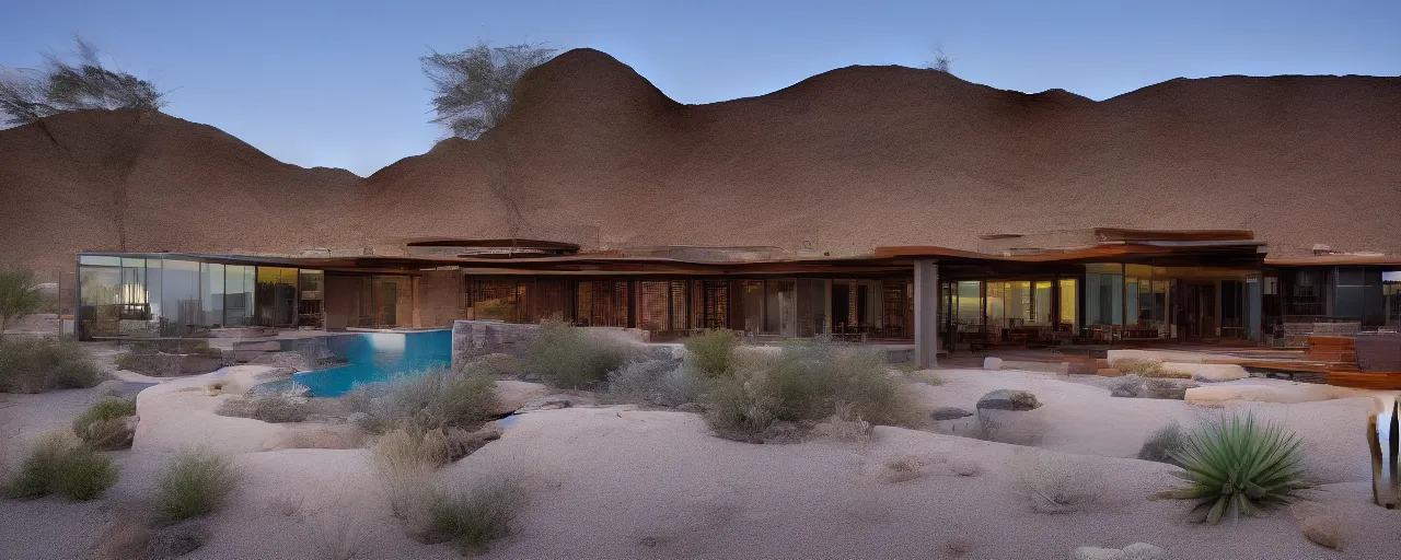 Prompt: hillside desert pavilion on moonless night, stars, dramatic view, palm springs, metal, rusted panels, highly detailed, serene, glass, stone, large overhangs, beautiful vistas with cacti, long and thin illuminated pool, minimal kitchen, nesting glass doors, architectural photography, julius shulman