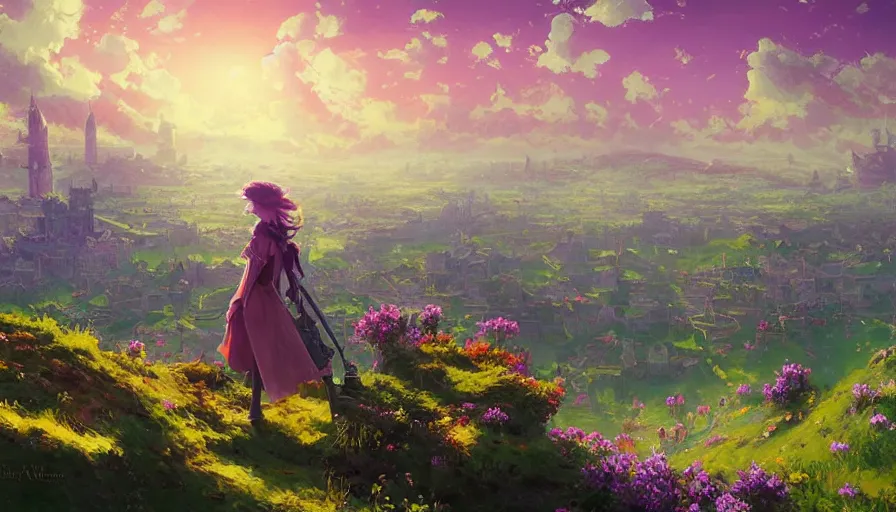 Prompt: over the shoulder landscape painting of violet evergarden standing on a distant colorful flower hill, behind it a distant old european city leiden from violet evergarden, ocean, sunshine, fantasy, intricate, elegant, highly detailed, digital painting, artstation, smooth, sharp focus, illustration, by Anton Fadeev and Philipp A. Urlich and greg rutkowski