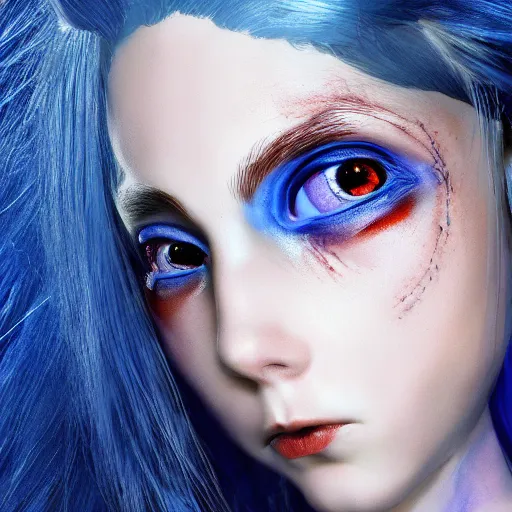Prompt: portrait of young girl half dragon half human, dragon girl, dragon skin, dragon eyes, dragon crown, blue hair, long hair, highly detailed, cinematic lighting, by Guillermo del toro and Tim Burton